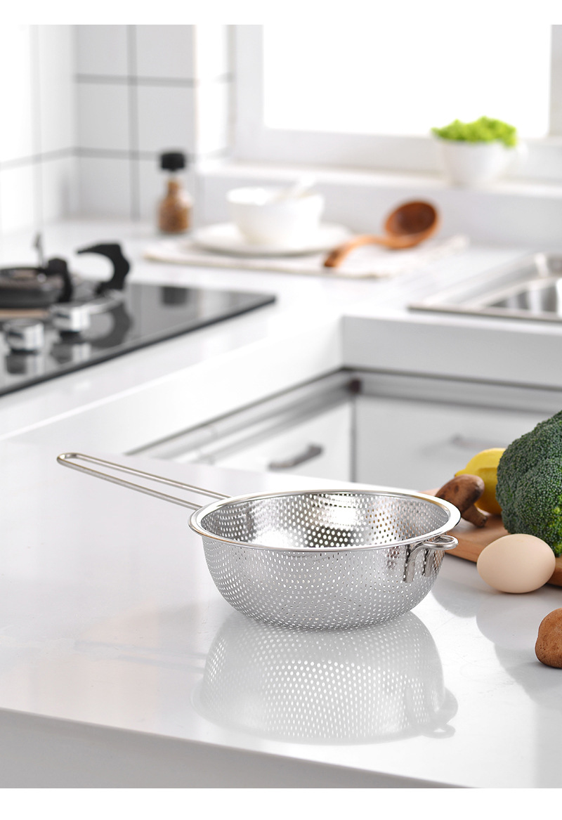 Interlocking draining basket, stainless steel color-edge draining basket with handle, large dining room fruit and vegetable water control basin, household kitchen multi-hole rice-washing basket, rice sieve, double-ear draining basket, rice-washing basin, perforated basin, filter basin pic 14