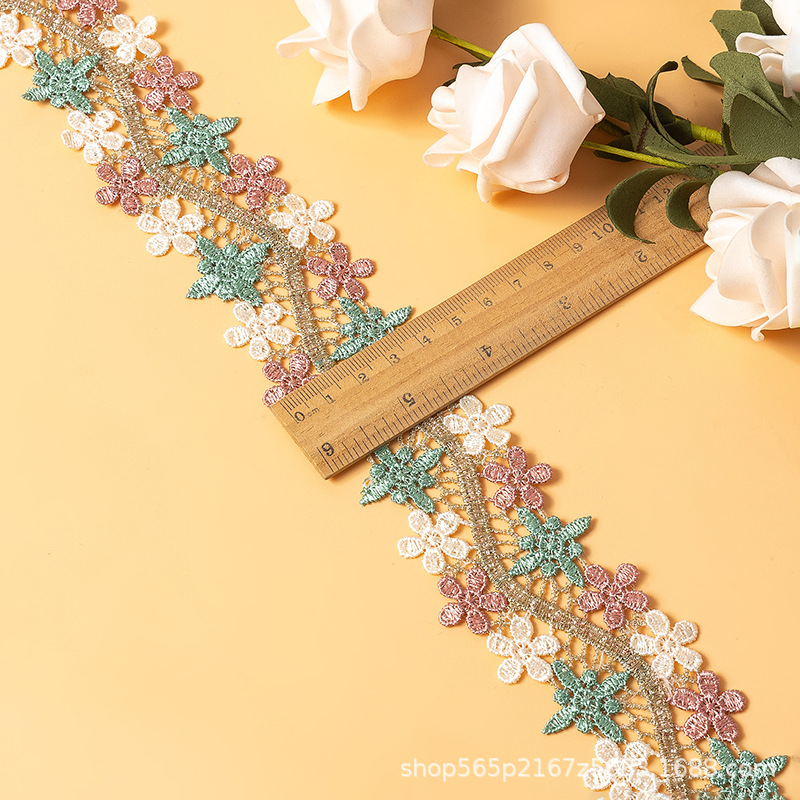 新款民族风刺绣水溶花边复双色金色平绣线彩色亮片花边服装辅料详情3