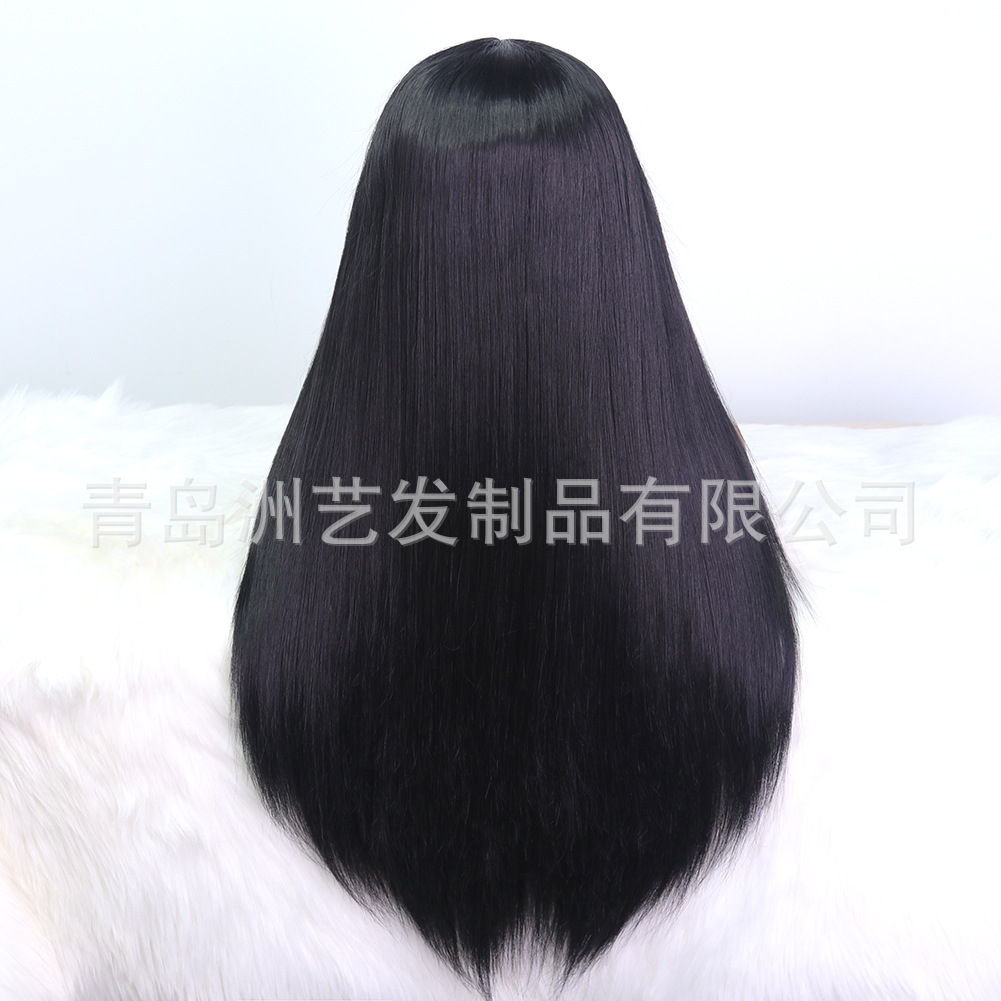 Synthetic fiber front lace wig, European and American anti-human hair black middle part long straight hair cover manufacturer wholesale one-piece consignment pic 4