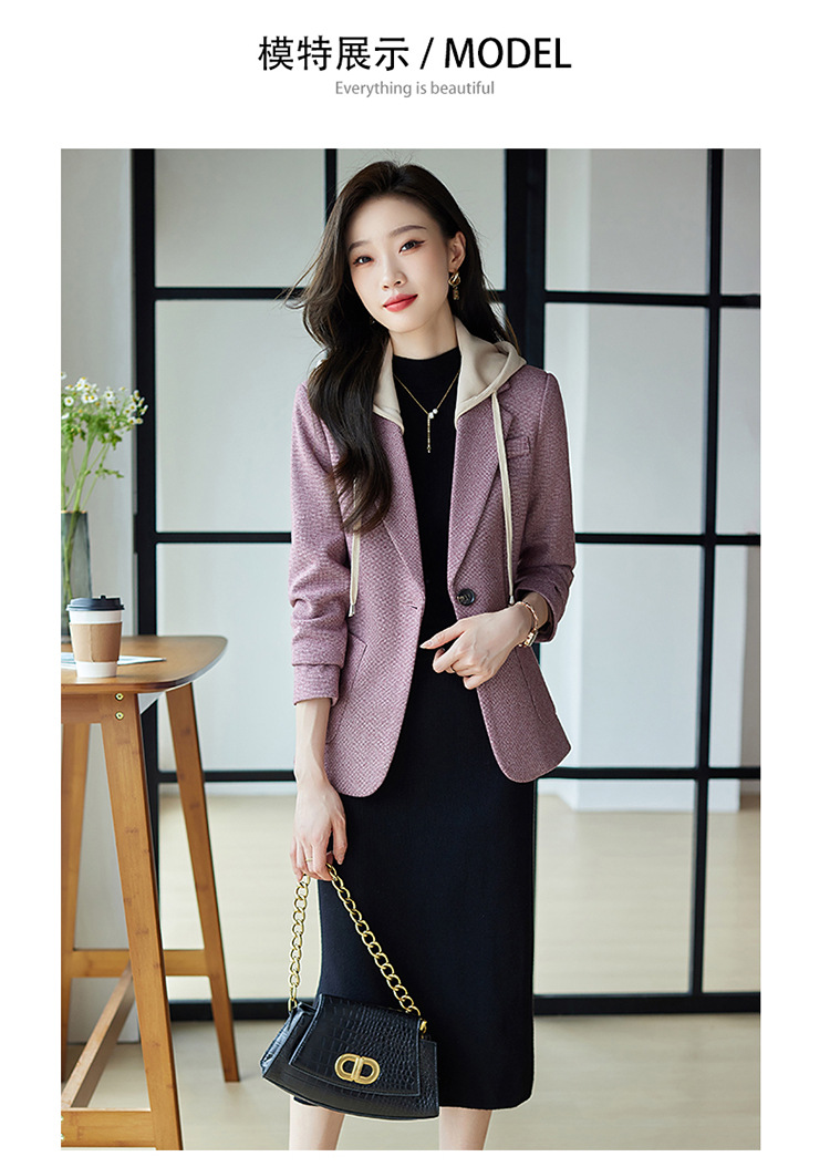 休闲假两件连帽西装外套女式春秋新款韩版高级格纹设计感西服上衣详情10