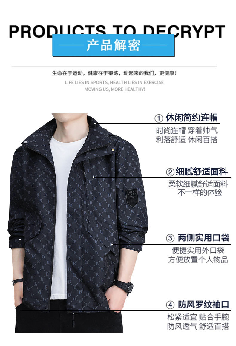 春秋季时尚潮牌印花户外休闲防风防水冲锋衣男士百搭帅气连帽夹克 pic 11