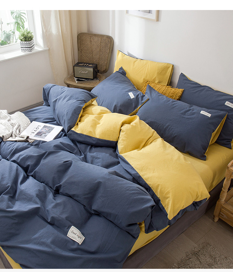 100纯棉撞色双拼四件套床上用品被套床单床笠适合裸睡四季通用详情6