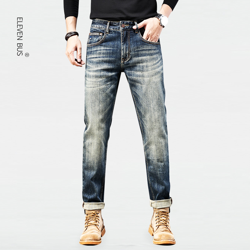 American trendy stretch jeans for men, thickened with fleece, loose straight leg, casual and versatile washed long pants for men pic 27