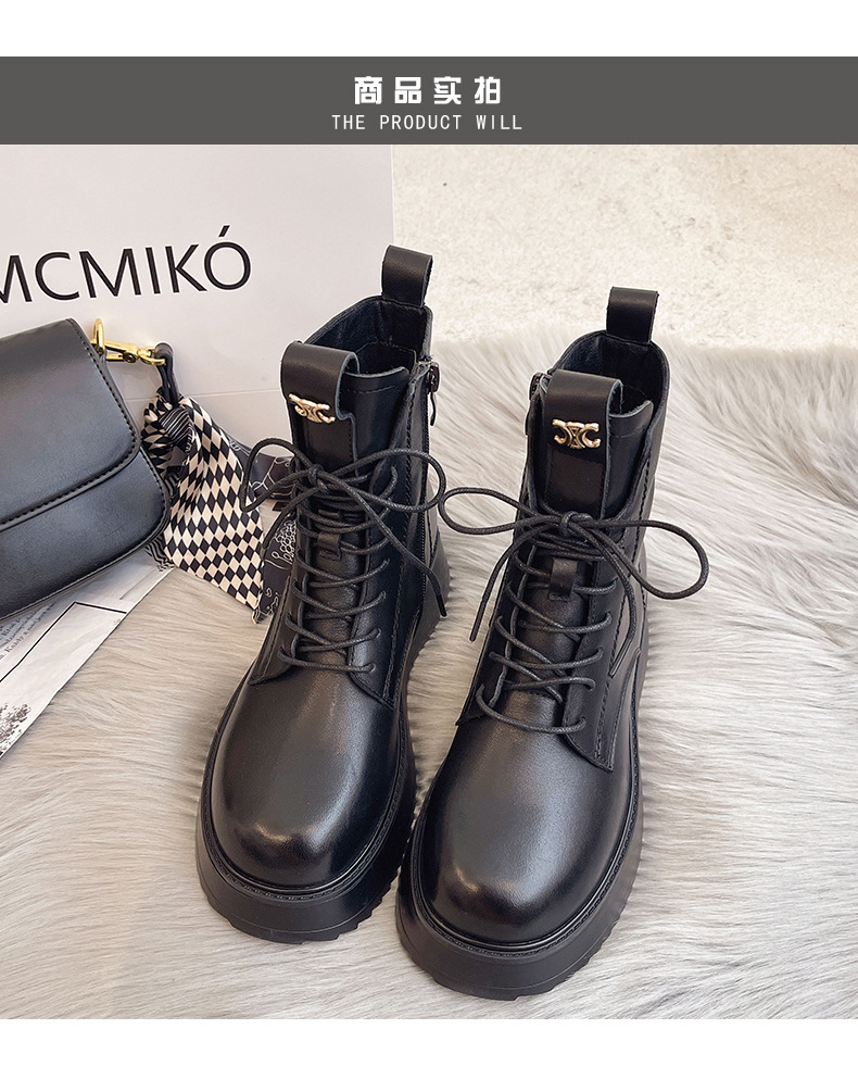 头层牛皮马丁靴女英伦风侧拉链真皮圆头厚底短靴一件代发黑色皮靴详情9