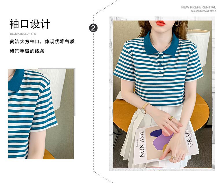 Verano coreano versión rayas mujer commuter patchwork color polo cuello manga corta camiseta mujer diseño sentido moda legging pic 4