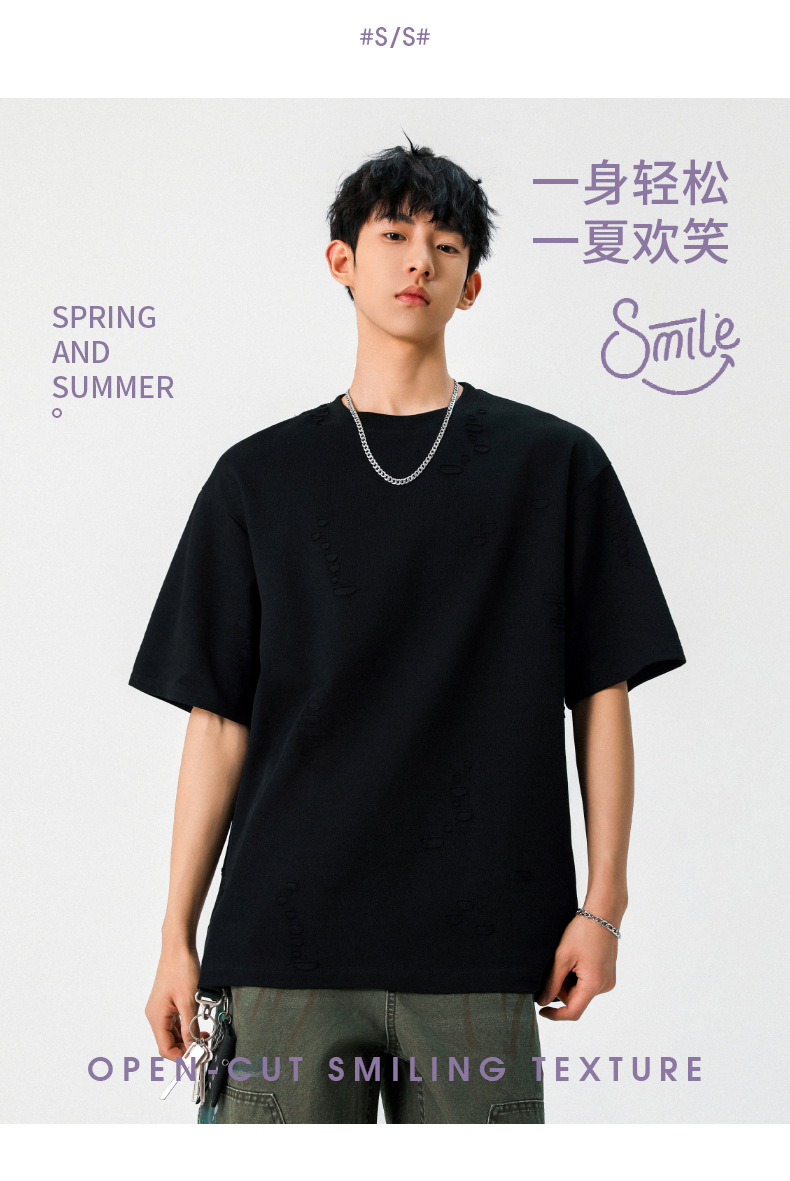质感肌理不规则破洞短袖T恤男女夏季新款潮牌宽松情侣半袖体恤衫详情4
