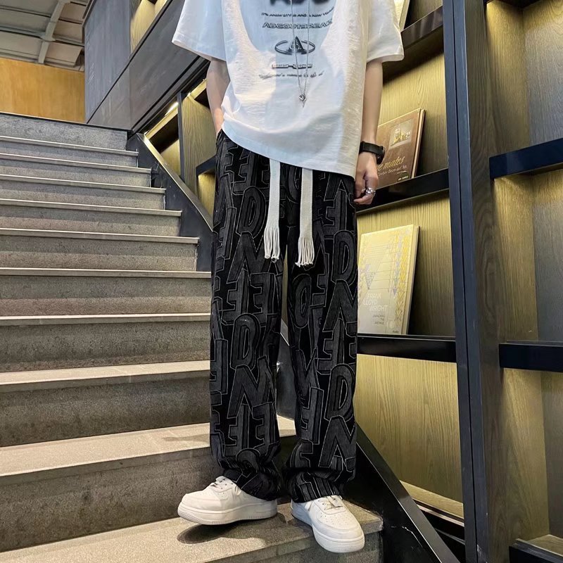 跨境灯芯绒裤子男满印高街痞帅ins休闲长裤潮流宽松阔腿裤港风详情1