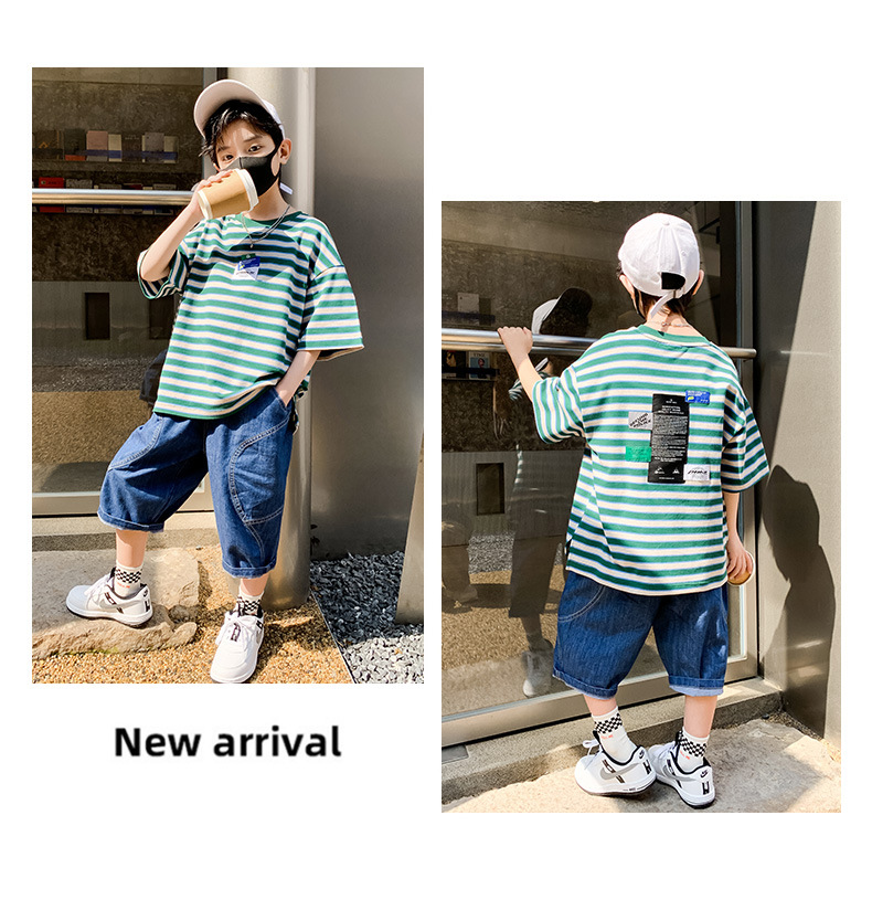 The 2022 new summer collection for Big kids, a striped short-sleeved two-piece set, is cool, fashionable and trendy pic 2
