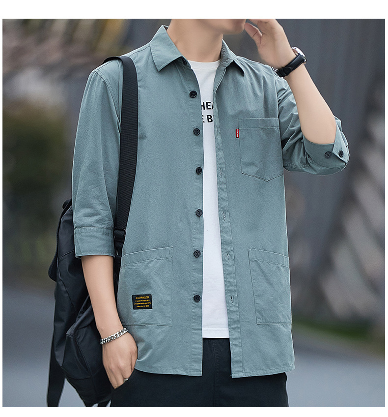 夏季男式衬衫 100棉七分袖宽松透气纯色青春潮流日系工装青年衬衣详情10