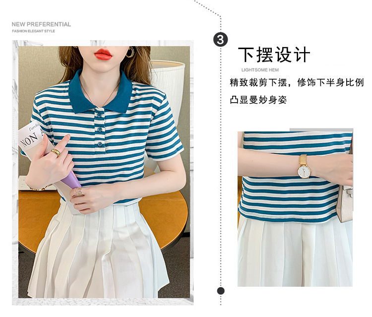 Verano coreano versión rayas mujer commuter patchwork color polo cuello manga corta camiseta mujer diseño sentido moda legging pic 5