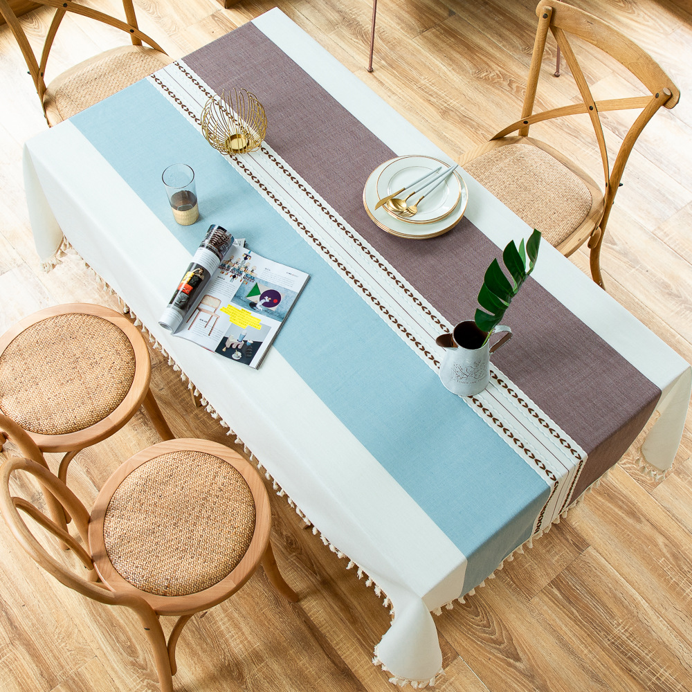 Cross-border Japanese color-blocking and color-blocking embroidered tassel tablecloths, kitchen, dining room, party, family table cover decoration, cotton and linen pic 10