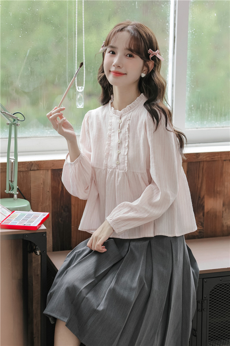 2023 Autumn new style sweet and fresh lantern sleeve lace patchwork round neck pullover long-sleeved striped doll shirt for women pic 7