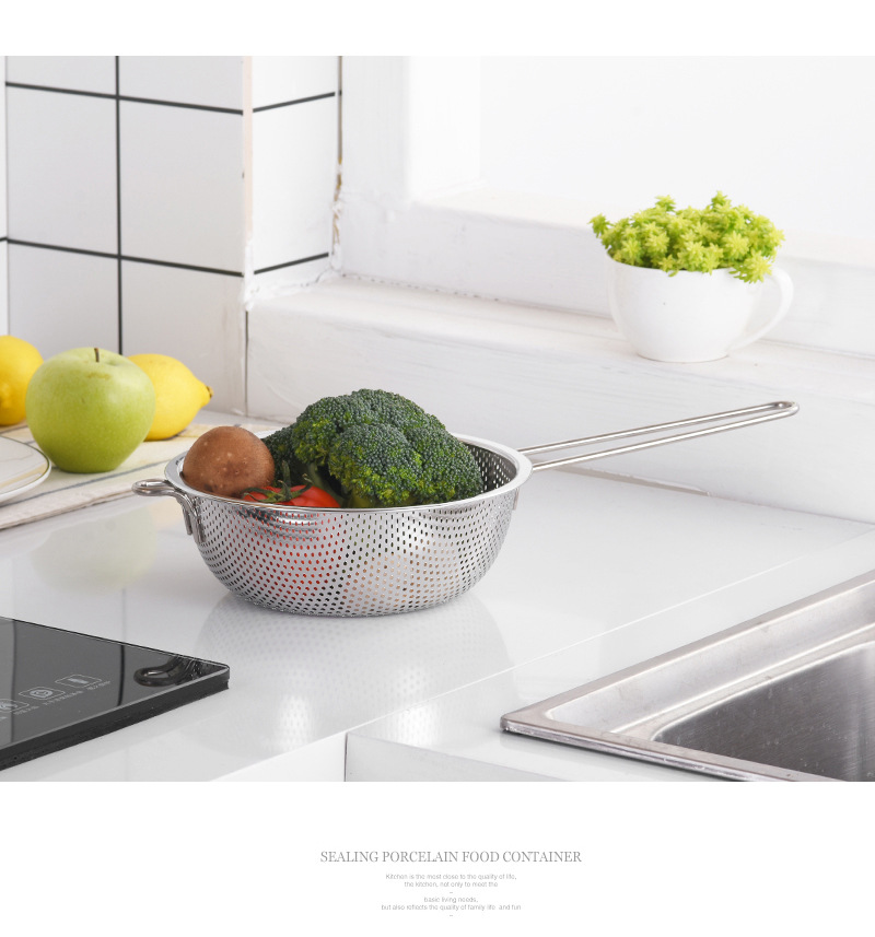Interlocking draining basket, stainless steel color-edge draining basket with handle, large dining room fruit and vegetable water control basin, household kitchen multi-hole rice-washing basket, rice sieve, double-ear draining basket, rice-washing basin, perforated basin, filter basin pic 12