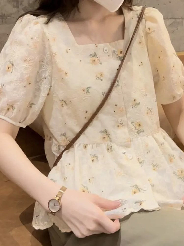 夏季新款方领碎花短袖衬衫女设计感小众洋气百搭泡泡袖别致上衣详情2