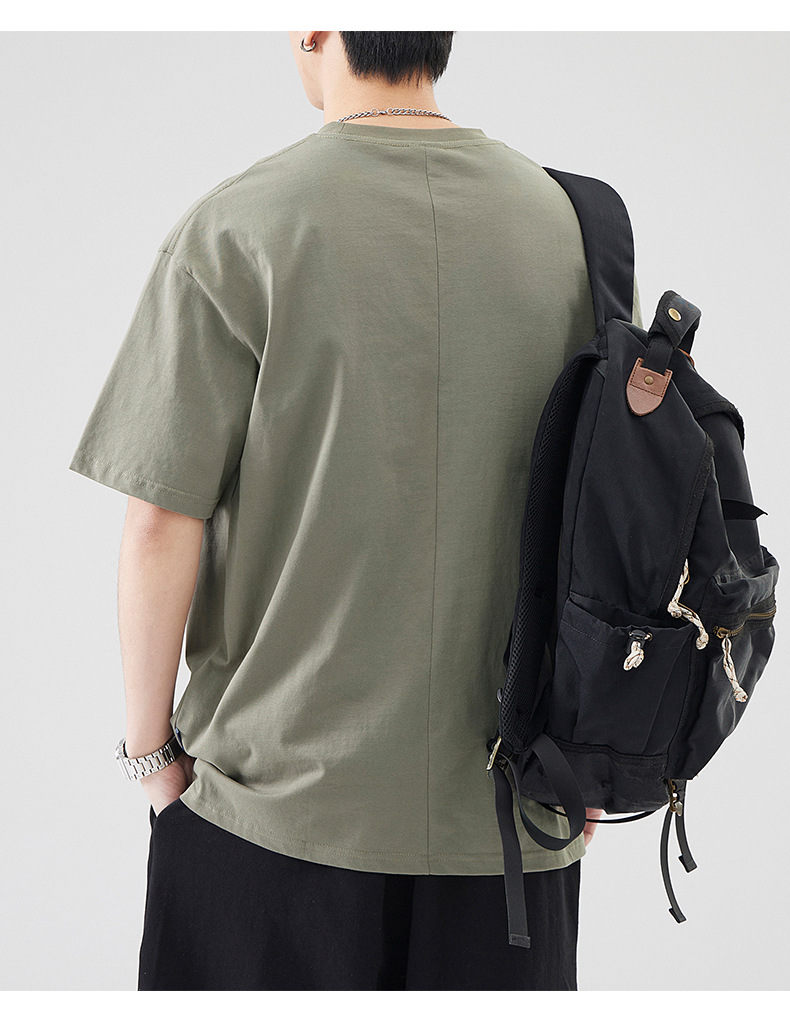 古川男装|日系复古拼接全棉短袖男士宽松大码简约纯色百搭体恤男详情9