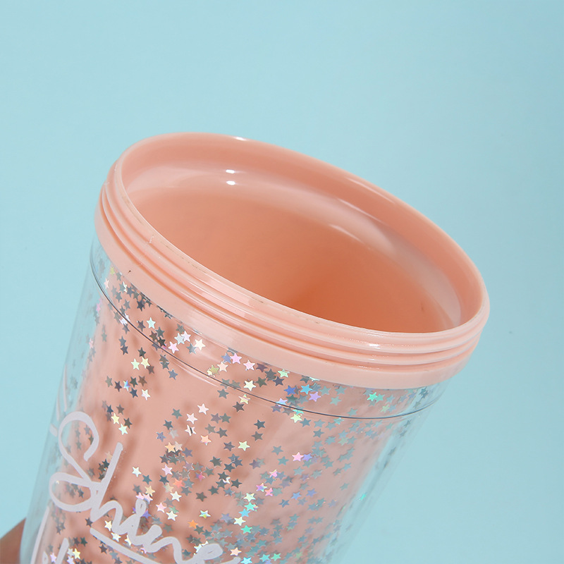 Summer new double-layer household carrying straw ice cup, popular star sequined creative plastic student gift water cup pic 12