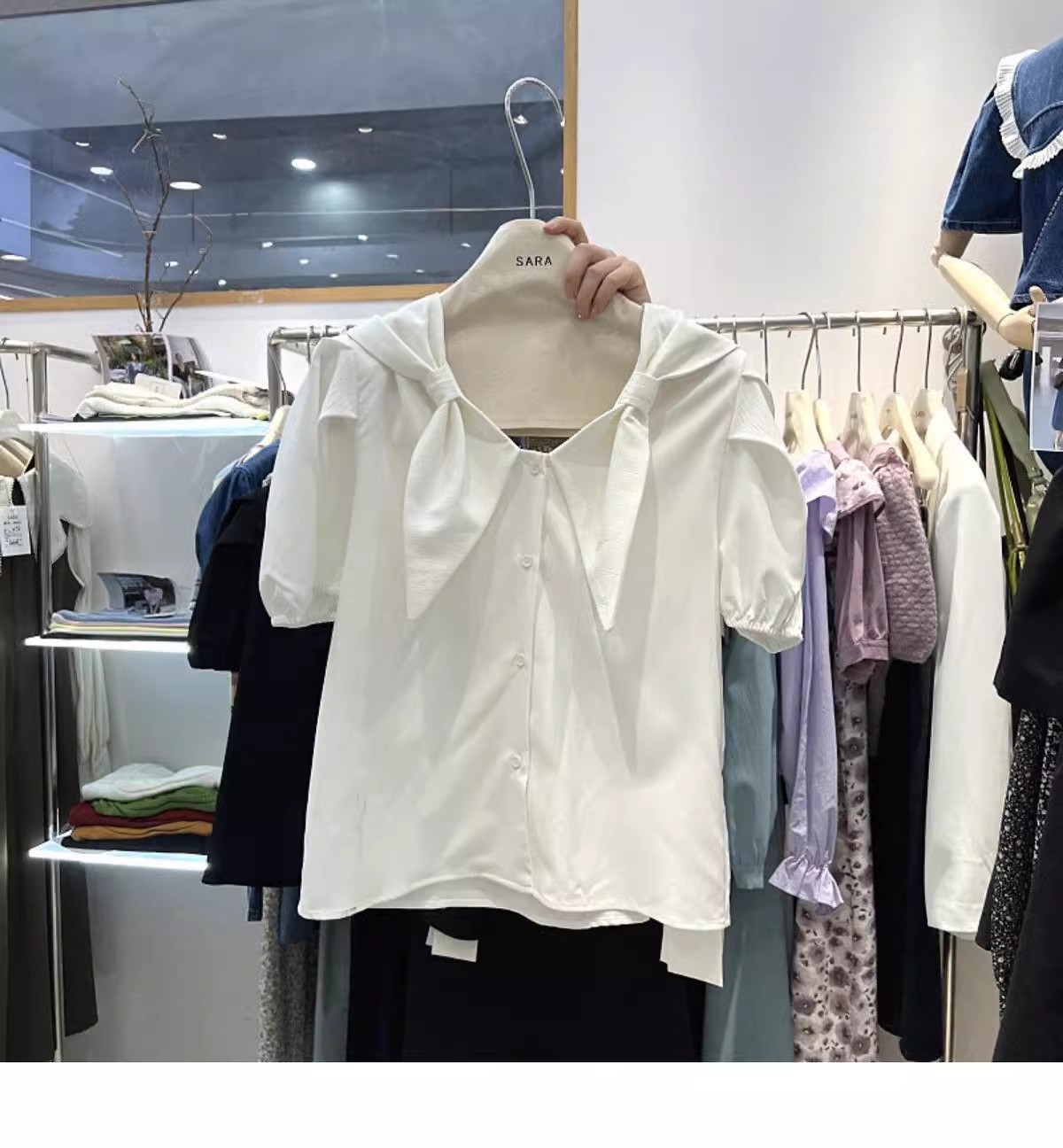 Summer new Korean-style sweet puffed-sleeve single-breasted V-neck school-style short-sleeved shirt for women pic 5