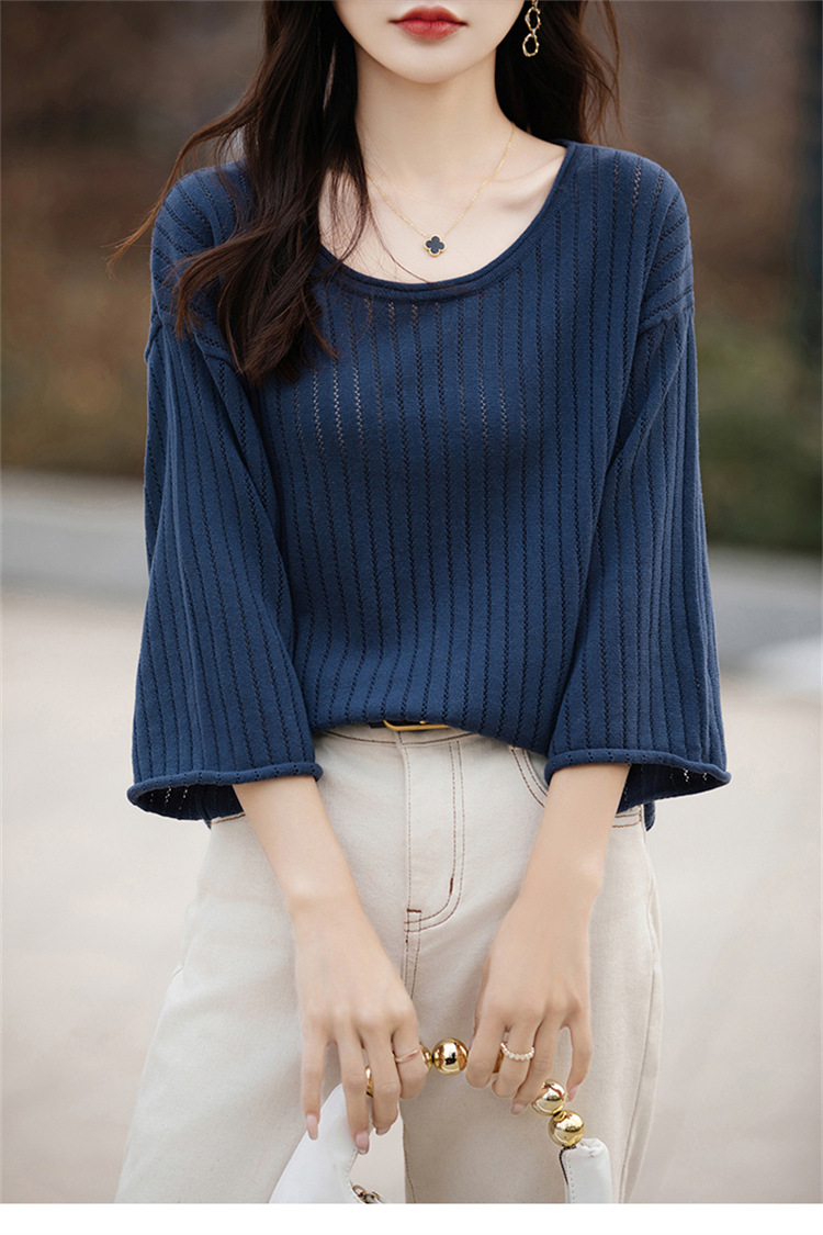 七分袖中袖夏女装纯棉镂空针织套头T恤清凉针织衫宽松版套头大码详情11