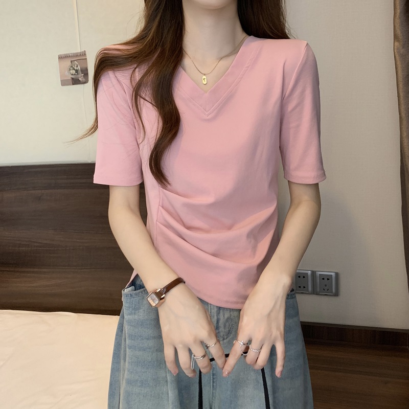 夏季2024新款v领修身短款辣妹正肩t恤女短袖设计感小众小个子上衣详情3