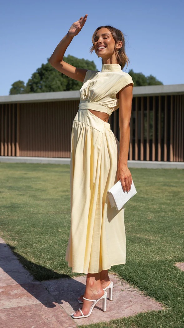 A sweet and fashionable summer stand-up collar macaron-colored waist-exposing long dress from Europe and America in 2023 pic 38