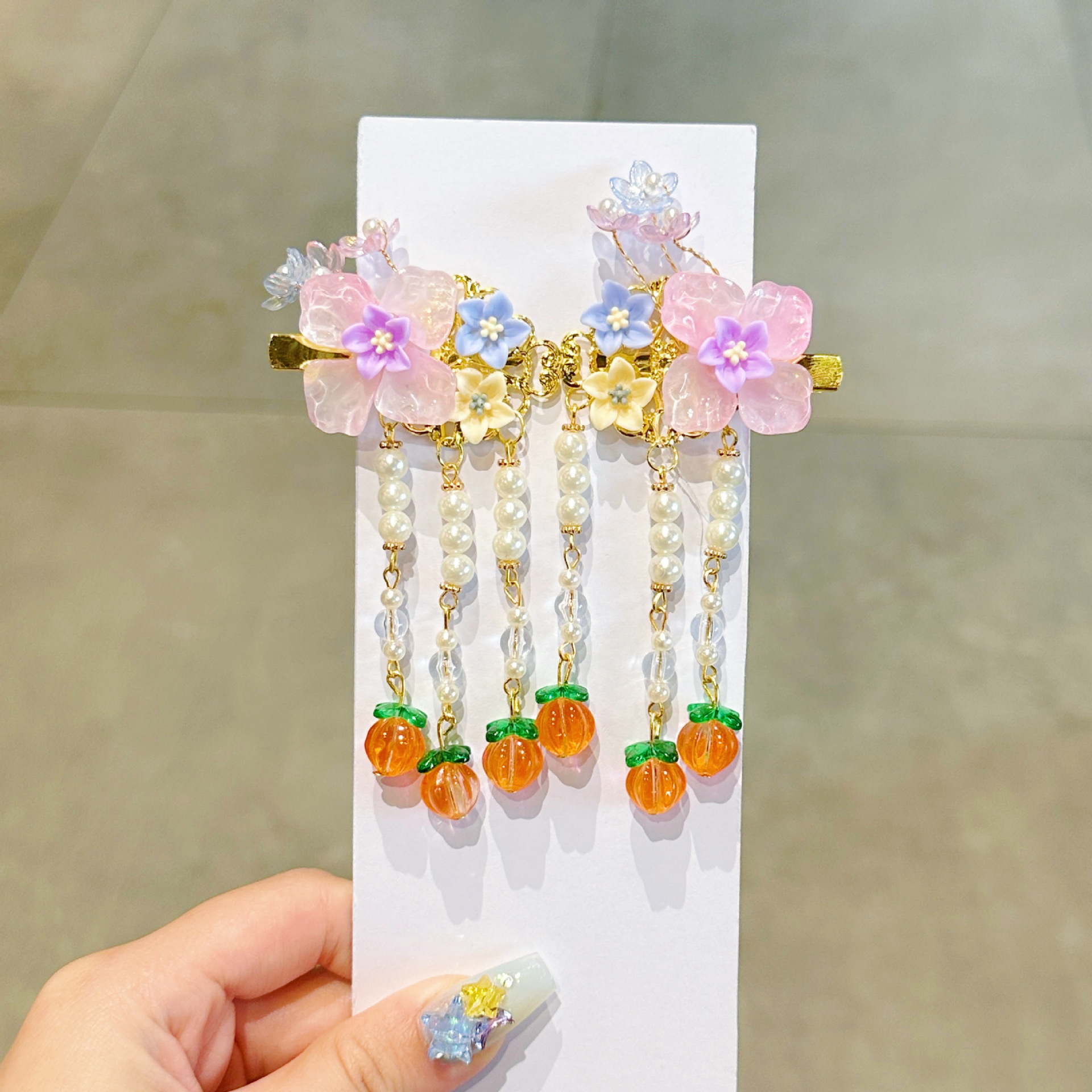 儿童发夹 国潮系列新款古风花朵蝴蝶珍珠流苏中国风琉璃对夹女孩汉服头饰详情33