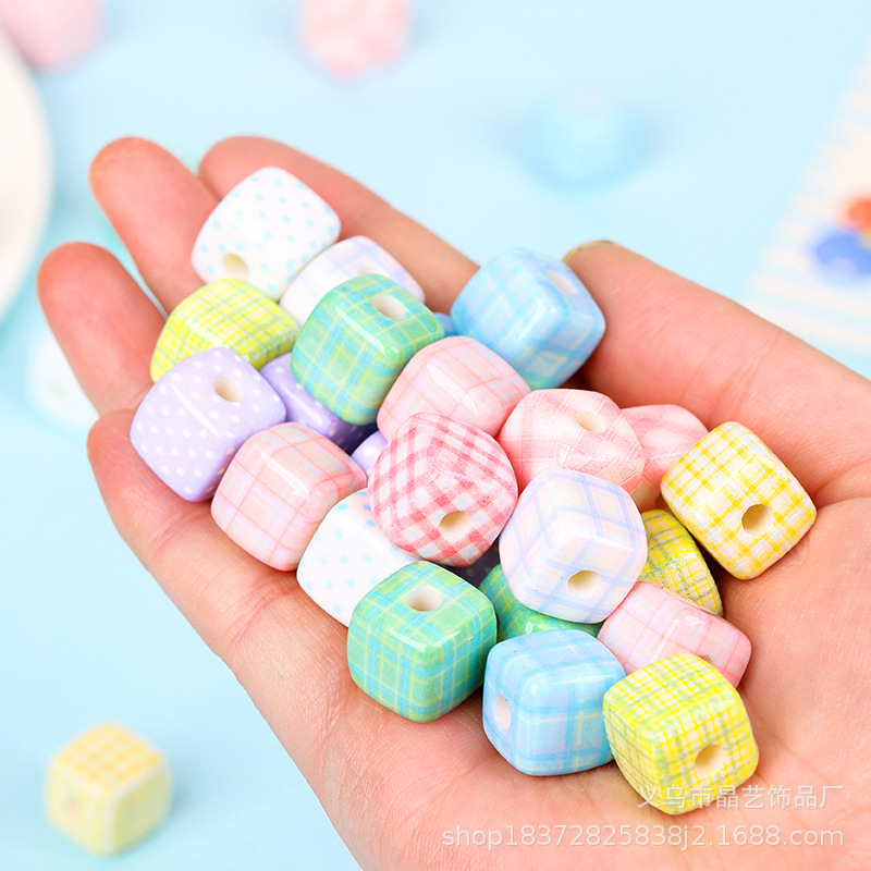 DIY versatile creative checkered bead girl bracelet, mobile phone chain, acrylic beaded checkered square headwear accessories pic 3