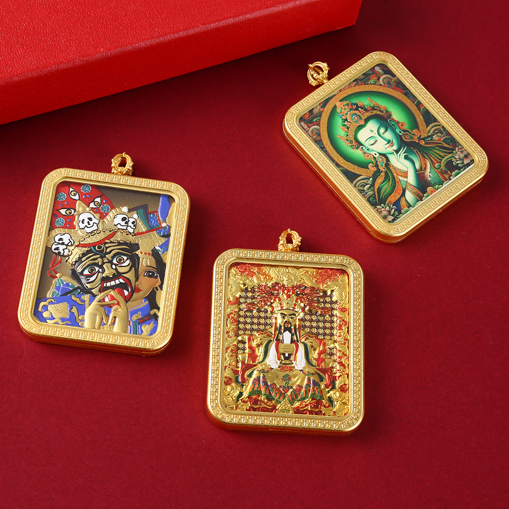 藏式半手绘双面唐卡吊坠 扎基拉姆唐卡 五台山龙五爷黄铜工艺品详情2
