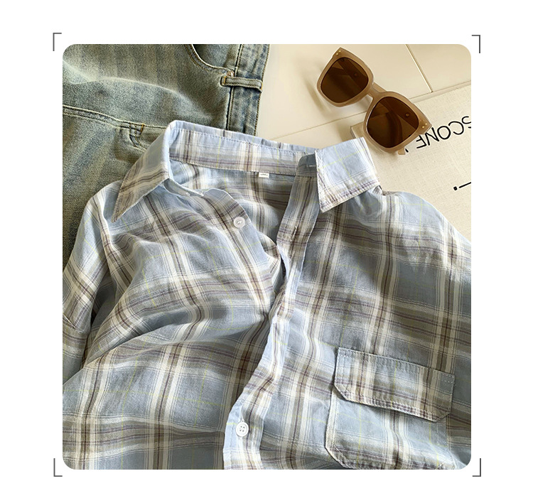 法式设计感小衫蓝色格子防晒衬衫女2024秋季新款女装小清新bm上衣详情5