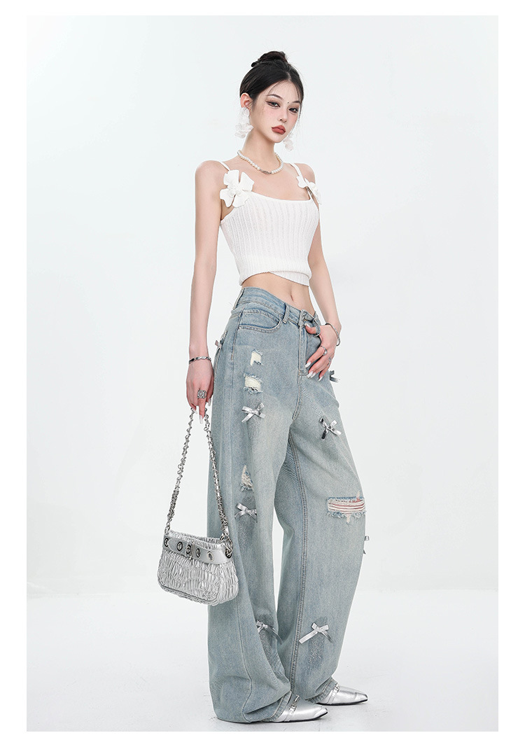 Large-sized retro three-dimensional bow ripped jeans for women with a summer design sense, high-waisted straight-leg loose wide-leg pants pic 18