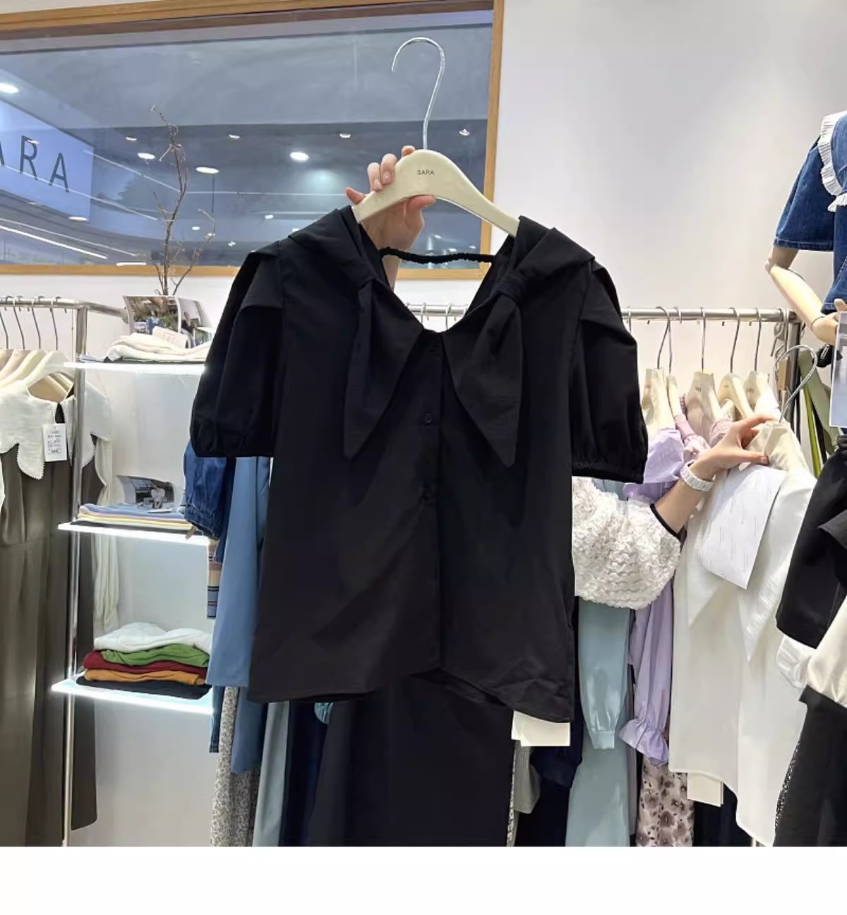 Summer new Korean-style sweet puffed-sleeve single-breasted V-neck school-style short-sleeved shirt for women pic 7