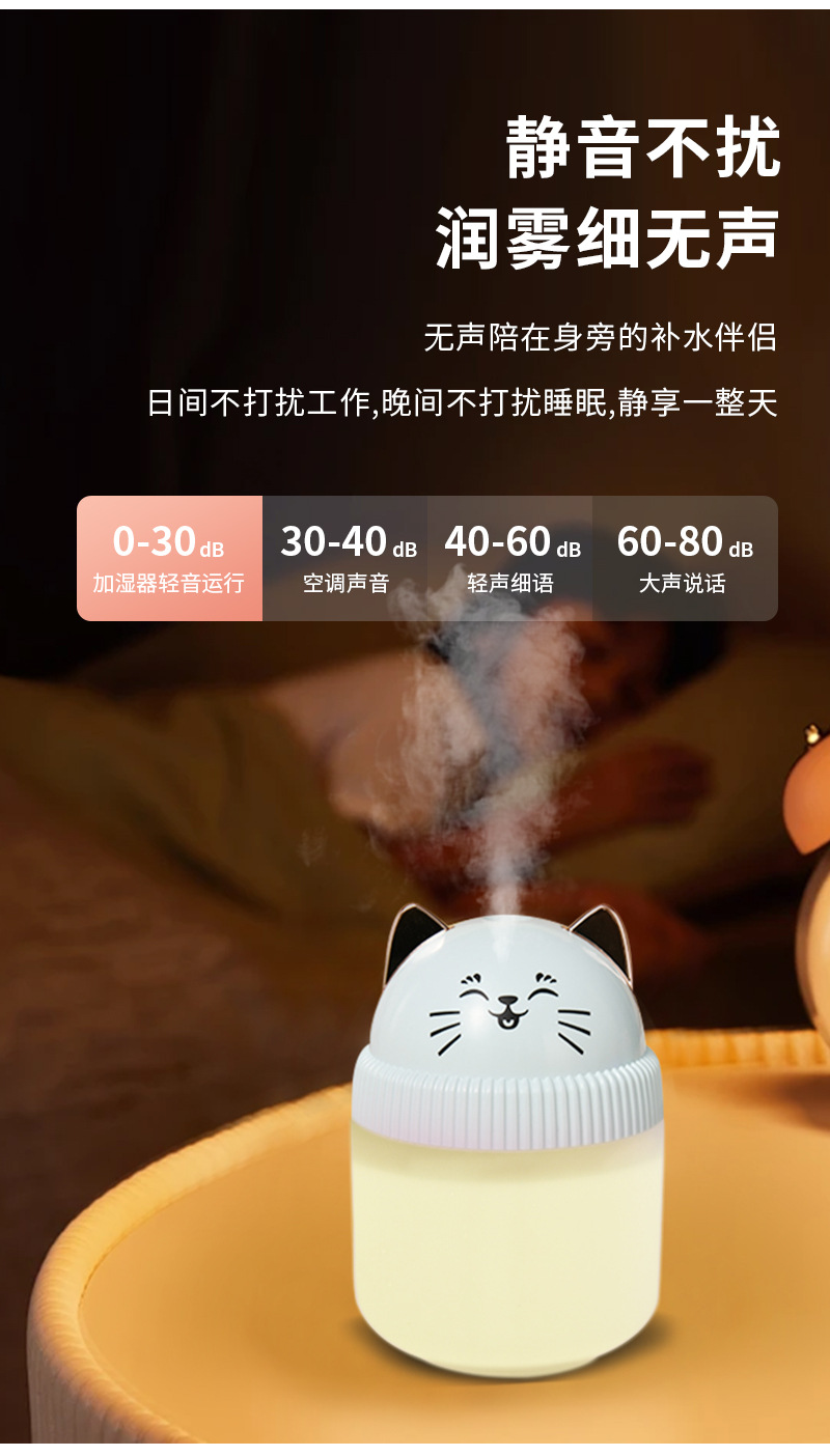 新款萌猫不倒翁设计加湿器 家用小型桌面空气加湿机 大雾量精油香薰机 夜灯功能车载适用详情5