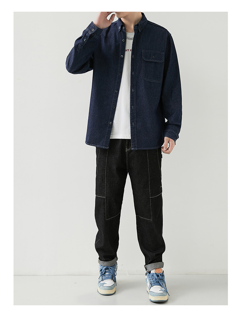 男装薄款牛仔长袖衬衫男2023春秋韩版潮流休闲纯色工装衬衣外套男详情10