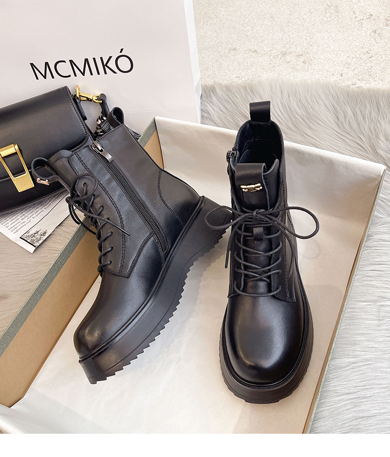头层牛皮马丁靴女英伦风侧拉链真皮圆头厚底短靴一件代发黑色皮靴详情11