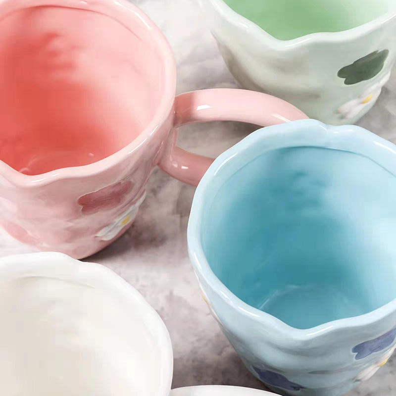Internet-famous ceramic cups, girlish flower mugs, high appearance level drinking cups, breakfast cups, irregular water cups pic 12