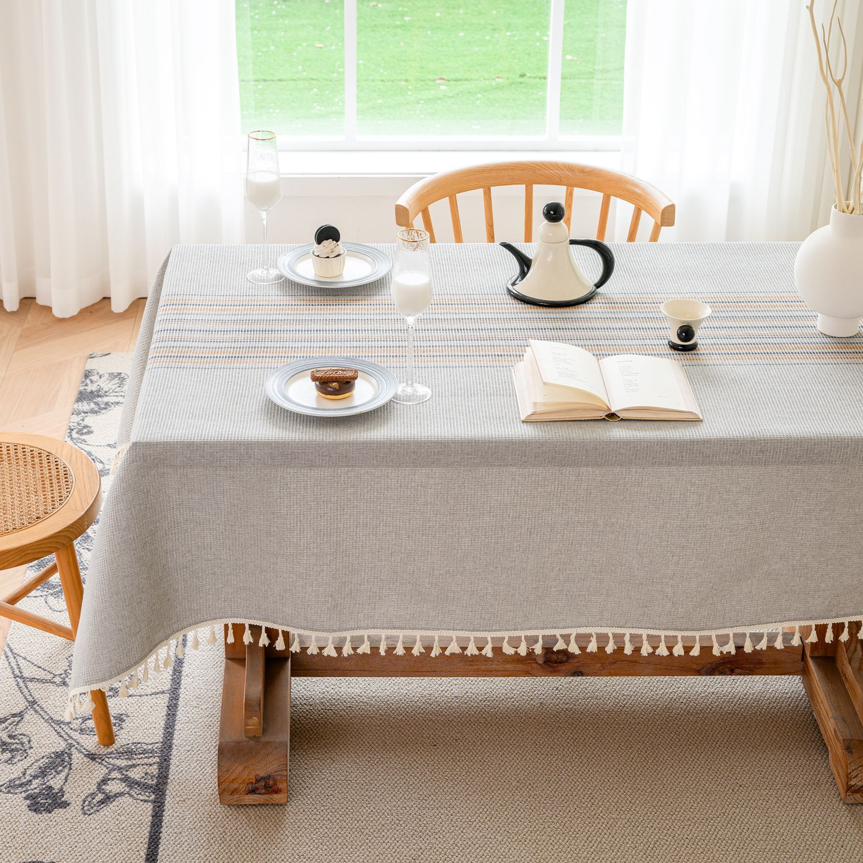 Wholesale of American-style country solid-color household rectangular table fabric, soft and breathable waffle striped coffee table cover fabric pic 17