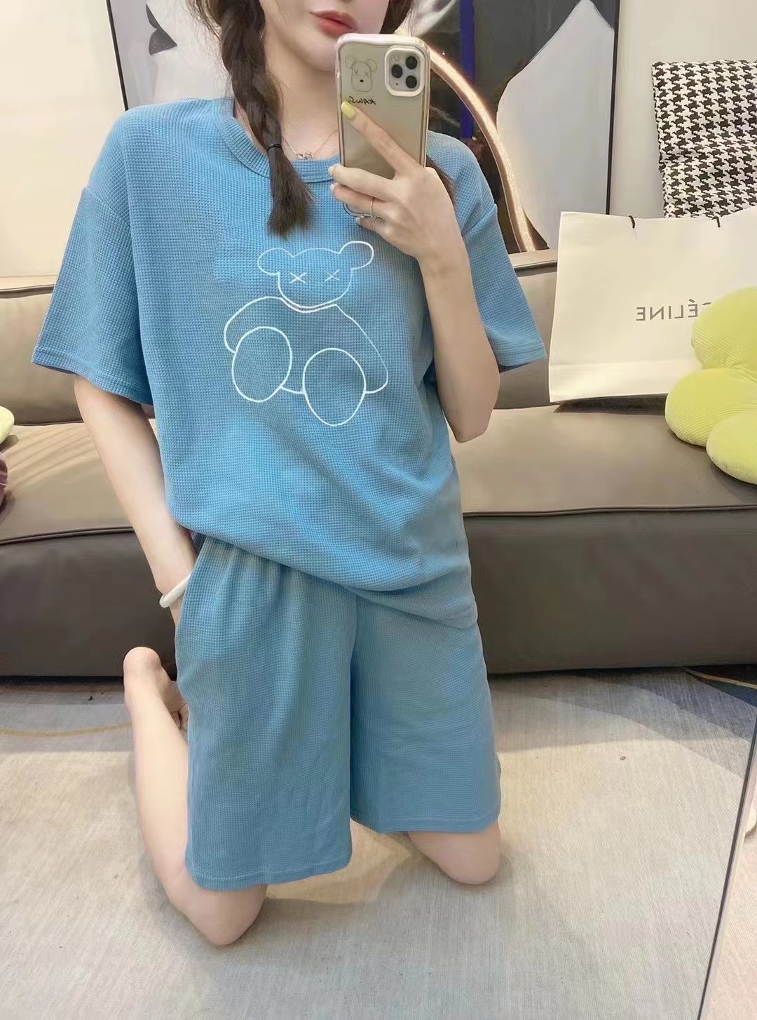 Waffle Bear Set 2022 New Fashion Embroidered outerwear, home wear, short-sleeved, trendy shorts, two-piece set for women pic 11