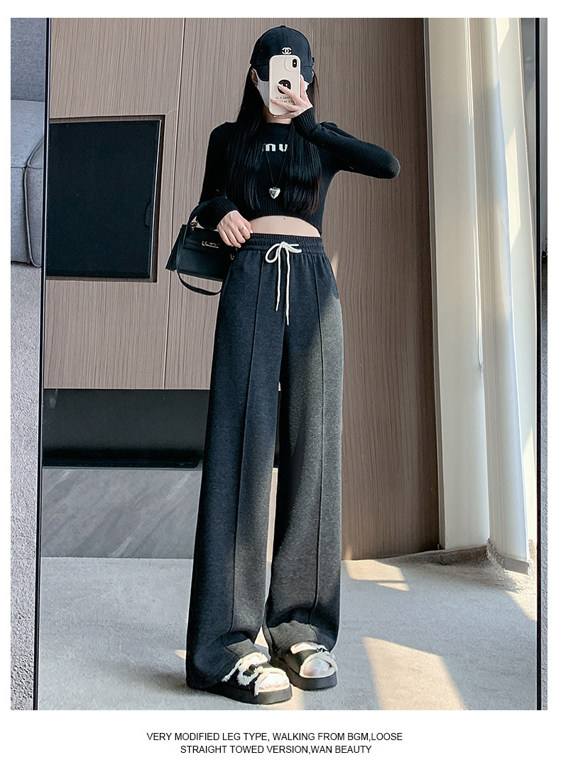 灰色直筒裤女秋冬裤子2024新款人字纹毛呢裤长裤羊羔绒窄版阔腿裤详情32