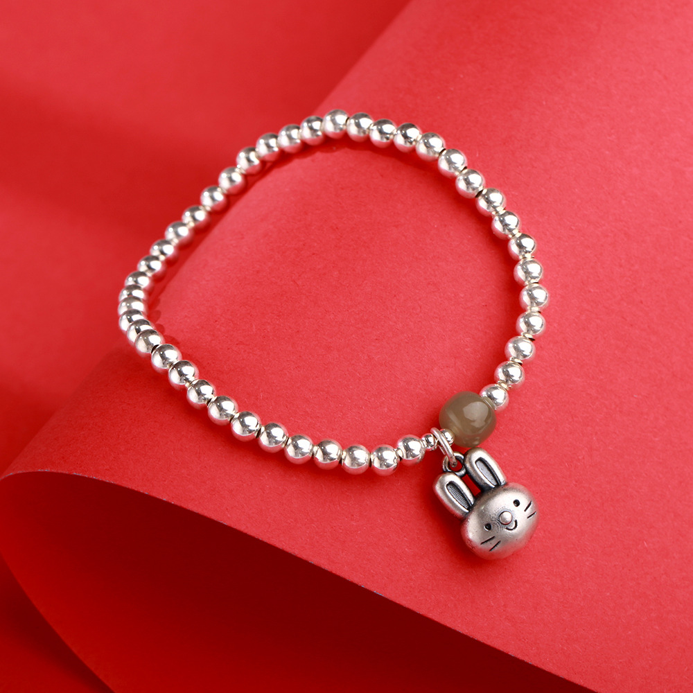 S925 sterling silver gold-plated Qingshui Hetian jade round bead bracelet for women 999 pure silver rabbit zodiac year bracelet pic 12