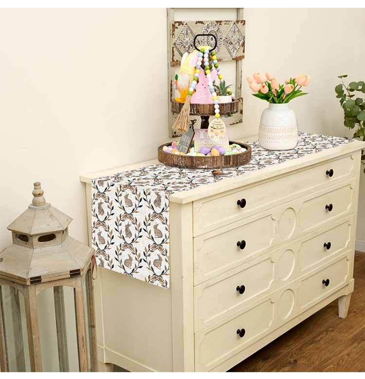 新款复活节桌旗跨境亚麻兔子植物印花桌布节日派对餐桌装饰台布垫详情9