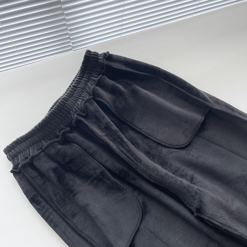 Black wide-leg pants for women in spring and autumn, high-waisted, sagging straight-leg casual pants for slimming, versatile, floor-length, fleece snowflake glutinous rice pants pic 4