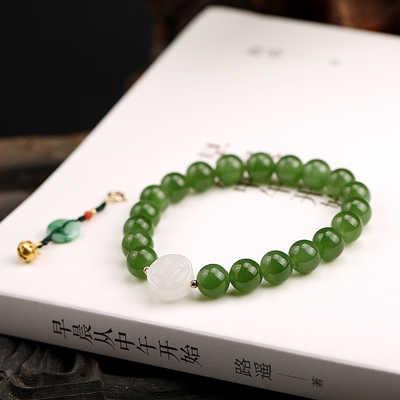 18K pure gold handcrafted 999 pure gold bell, natural spinach, green jasper and Hetian jade bracelet, gold coin DIY small drop flow pic 8