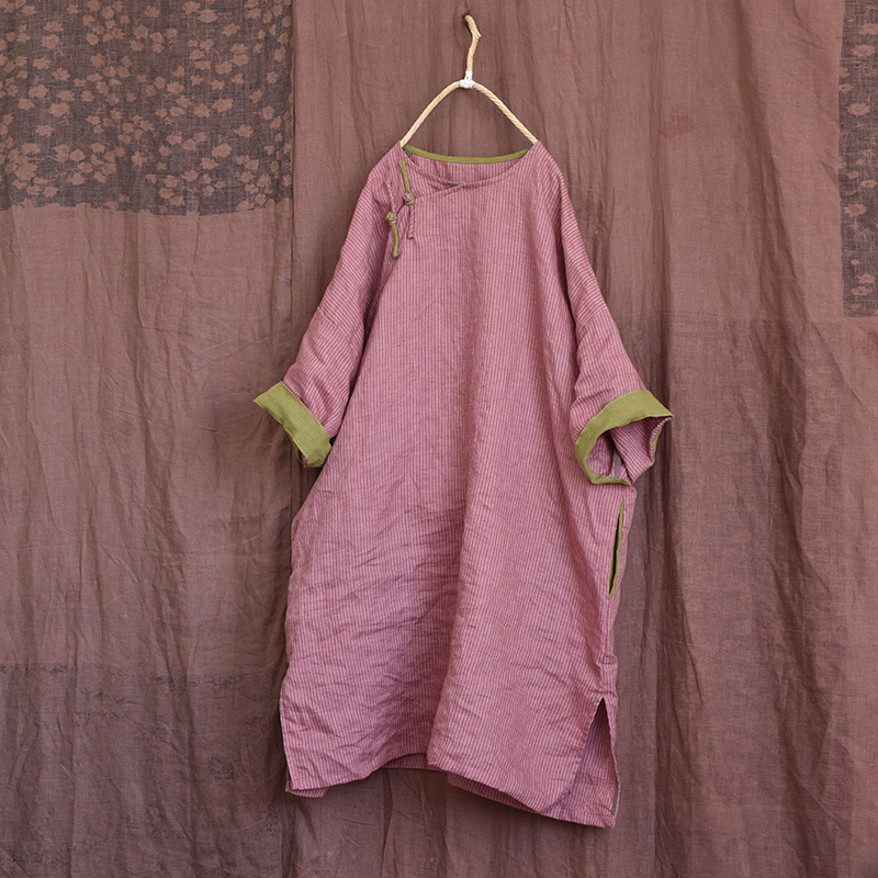 Hyacinth/Original striped contrasting color diagonal lapel hand-sewn button-up retro loose robe patchwork mid-length dress pic 10
