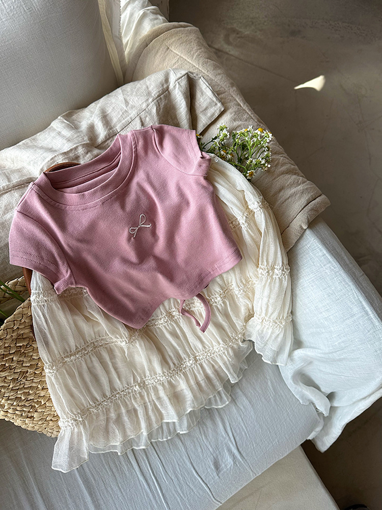 女童蝴蝶结露背T恤2024夏季新款韩版左小然自制刺绣蝴蝶结短袖详情8