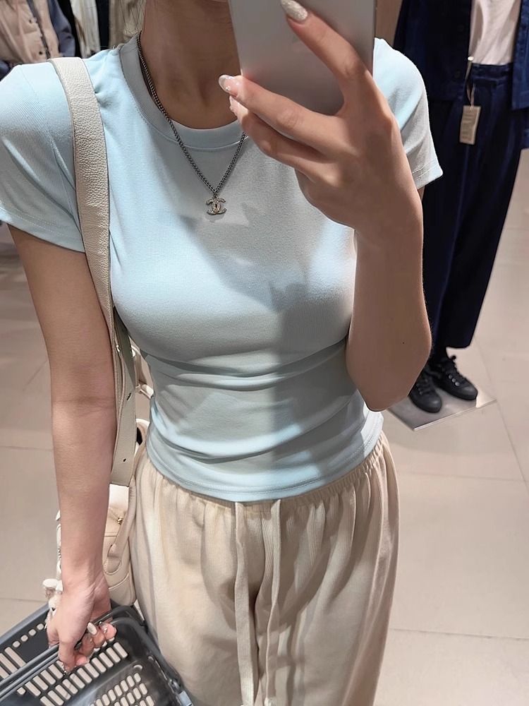 白色短袖打底衫内搭t恤女2024夏季新款显瘦修身辣妹短款正肩上衣详情14