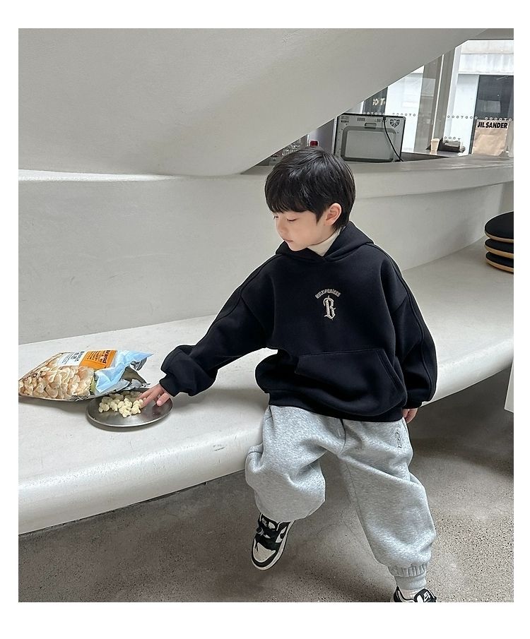 儿童字母刺绣加绒加厚新年红色连帽套头卫衣冬韩版男女童宽松上衣详情12