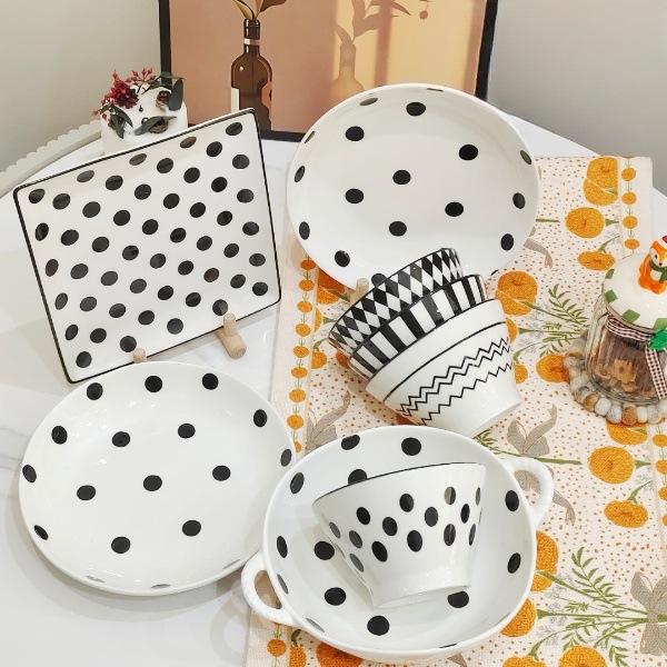 【赫本风八件套】简约波点花色陶瓷饭碗双耳个性家用餐具套装组合详情1