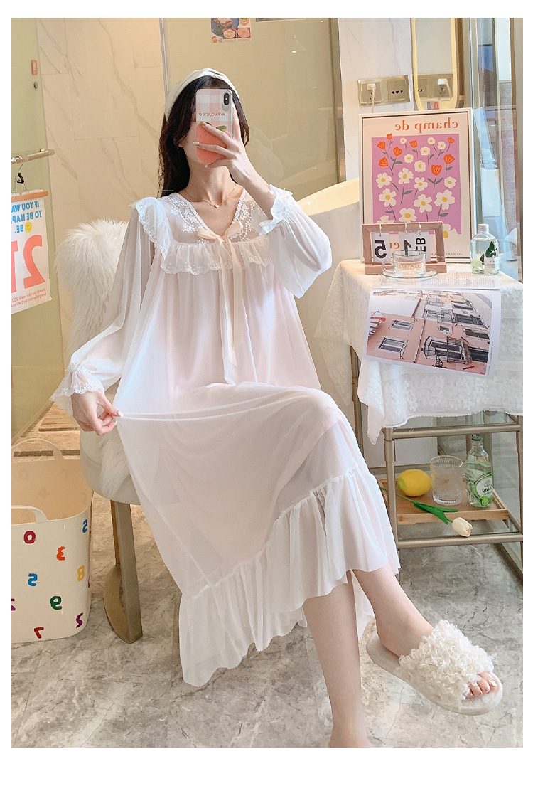 人气公主风睡裙女长袖网纱性感连衣裙长袖宫廷休闲纯棉睡衣睡裙秋详情18