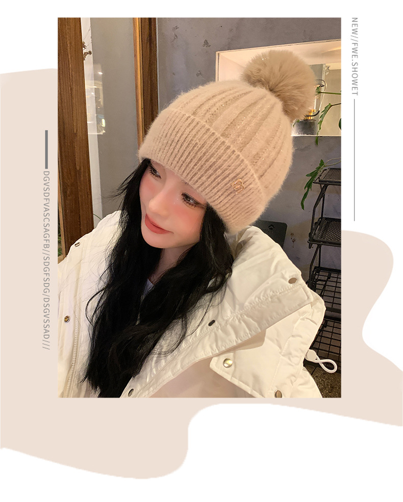 新款秋冬季针织毛球显脸小套头帽户外加绒保暖女甜美护耳毛线帽子详情3