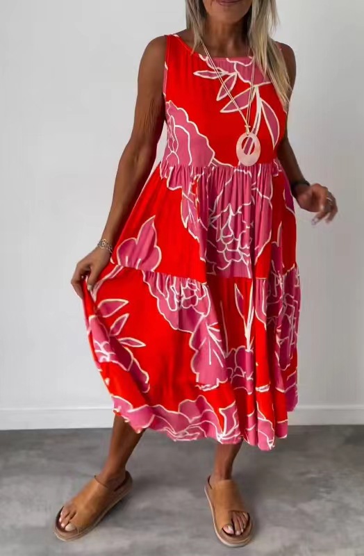 2024欧美跨境夏季新品女装 独立站速卖通时尚印花无袖系带连衣裙详情3