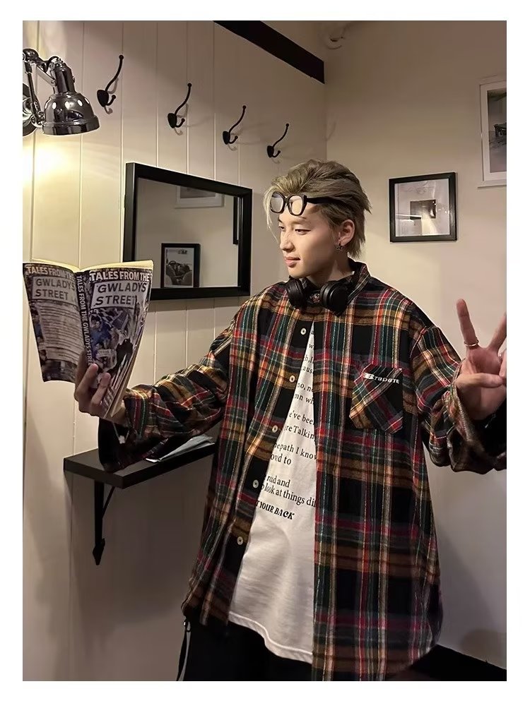 美式春秋季日系长袖格子衬衫男士韩版潮流ins网红休闲款衬衣外套详情37